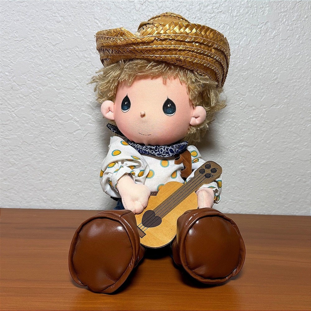 Vintage 1985 Precious Moments Applause Cowboy Doll with Guitar and Straw Hat 15"